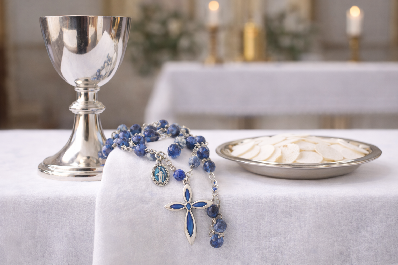 Rosary resting beside chalice and communion
