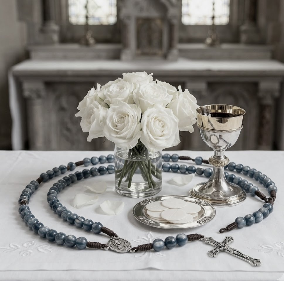The rosary laid beside the chalice and white roses