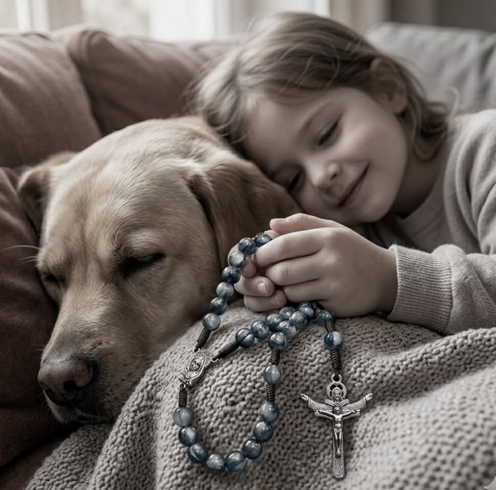 A child at peace, holding the rosary close