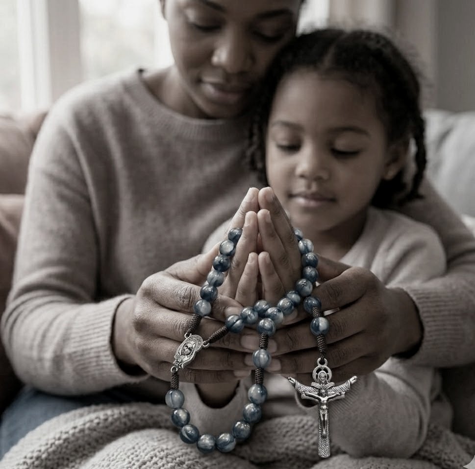 Mother and daughter praying the rosary together